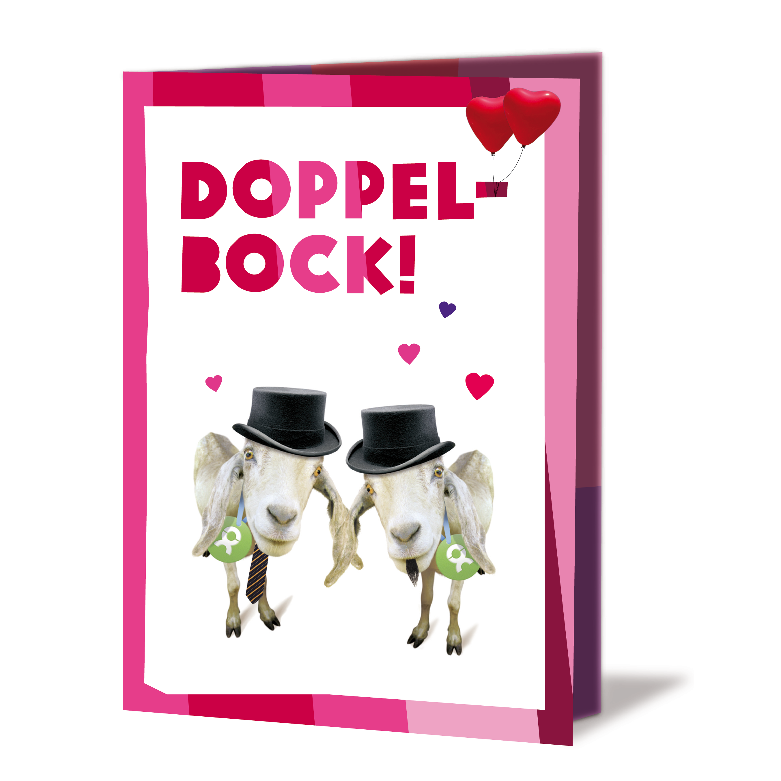 Geschenkkarte mit Aufschrift: Doppelbock! Darunter Ziegenpaar mit Zylinder, Krawatte und Bärtchen, umgeben von Herzen und zwei roten, herzförmigen Ballons