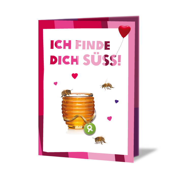 Geschenk mit Aufschrift: Ich finde dich süß! Umrandet von Herzen fliegen drei Bienen um ein Honigglas herum.