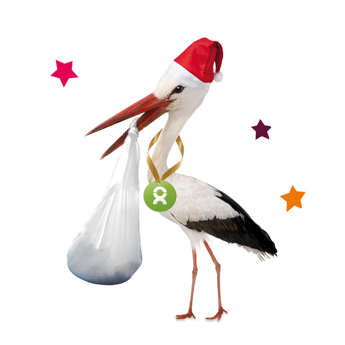 Beispiel Geschenk Spende Sichere Geburt zu Weihnachten: Grafik von einem Storch, der einen Beutel mit wichtigen medizinischen Artikeln für eine sichere Geburt im Schnalbel trägt