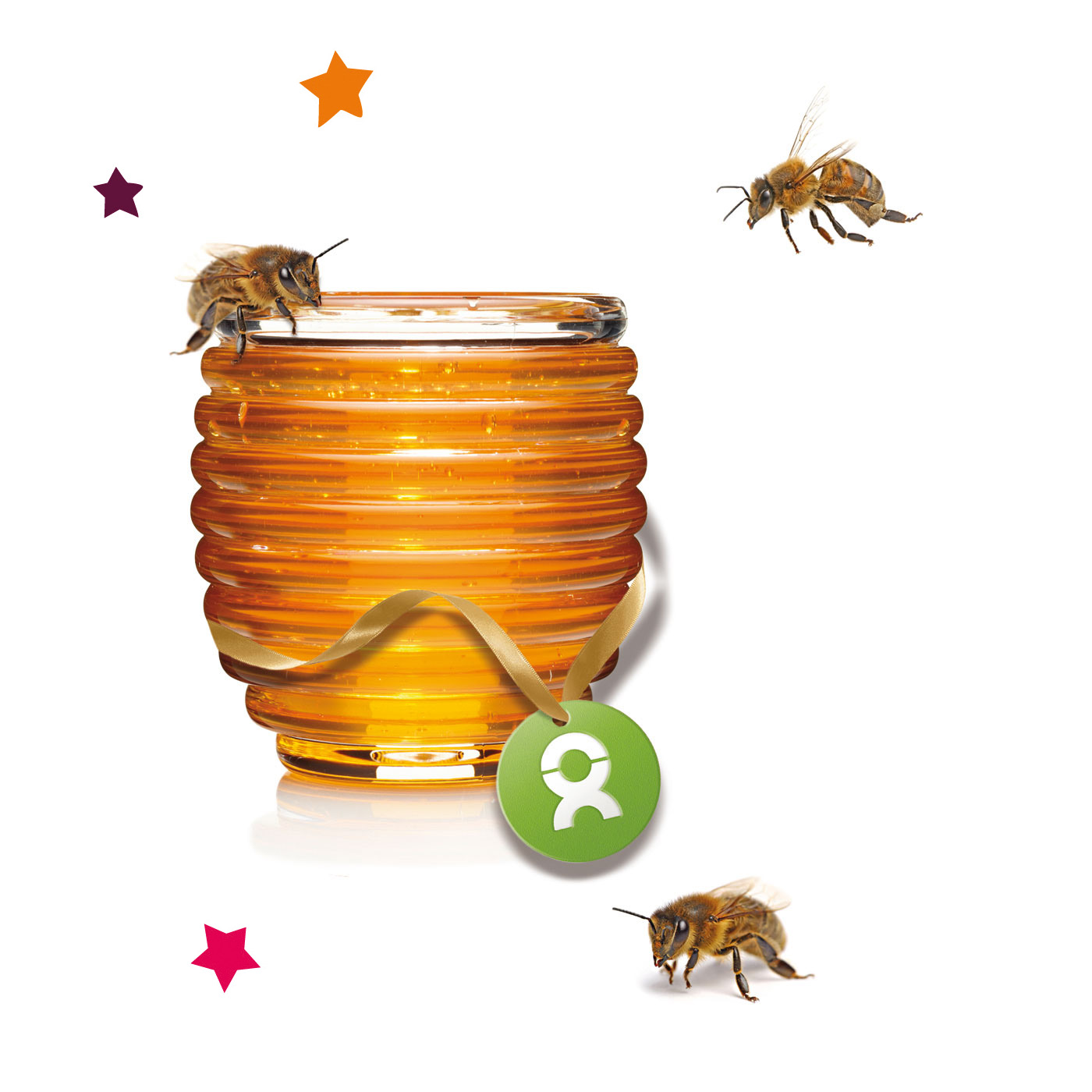 Beispiel Geschenk Spende Weihnachten Honigbienen fliegen um ein mit bunten Sternen umrahmtes Honigglas herum