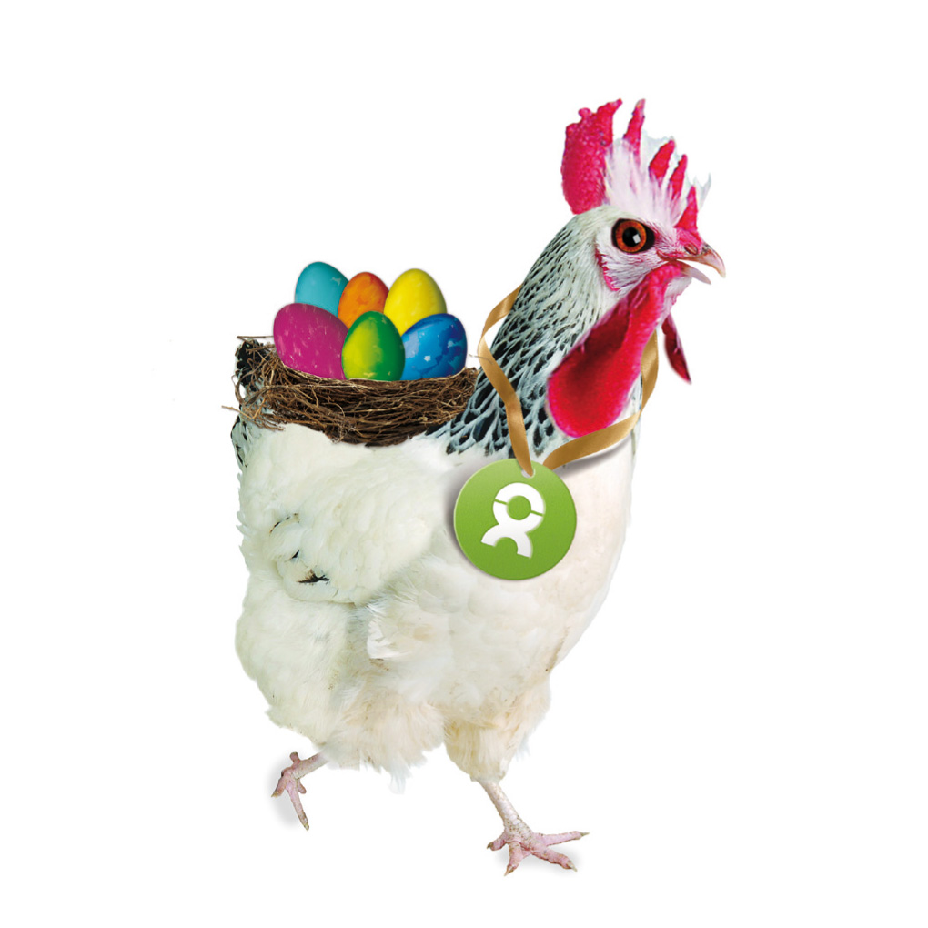 Beispiel Geschenk Spende: Grafik von einem weiß-gefiederten Huhn mit Osterkorb und bunten Ostereiern