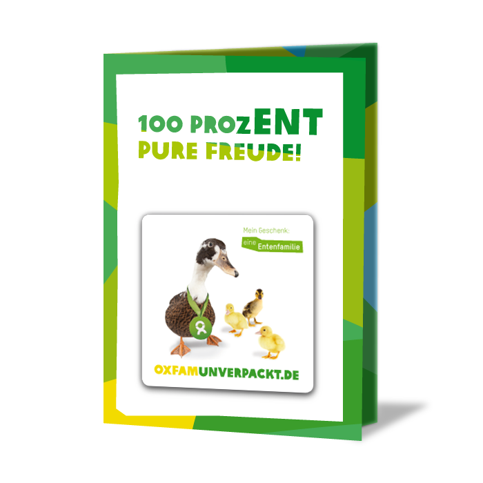 Geschenkkarte mit einer Ente als Motiv und der Aufschrift: 100 ProzENT pure Freude. Mein Geschenk: Eine Entenfamilie