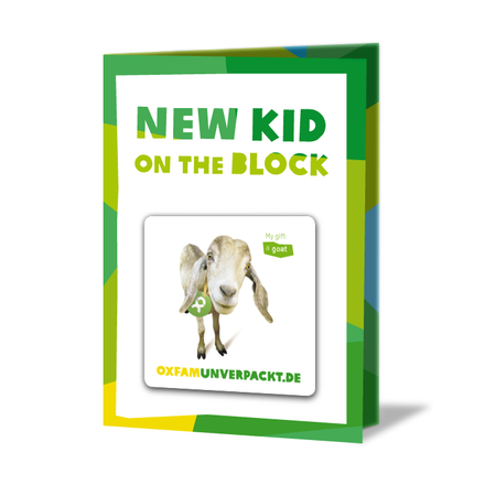 Geschenkkarte mit Grafik einer Ziege und Aufschrift: New kid on the block. My gift: a goat.