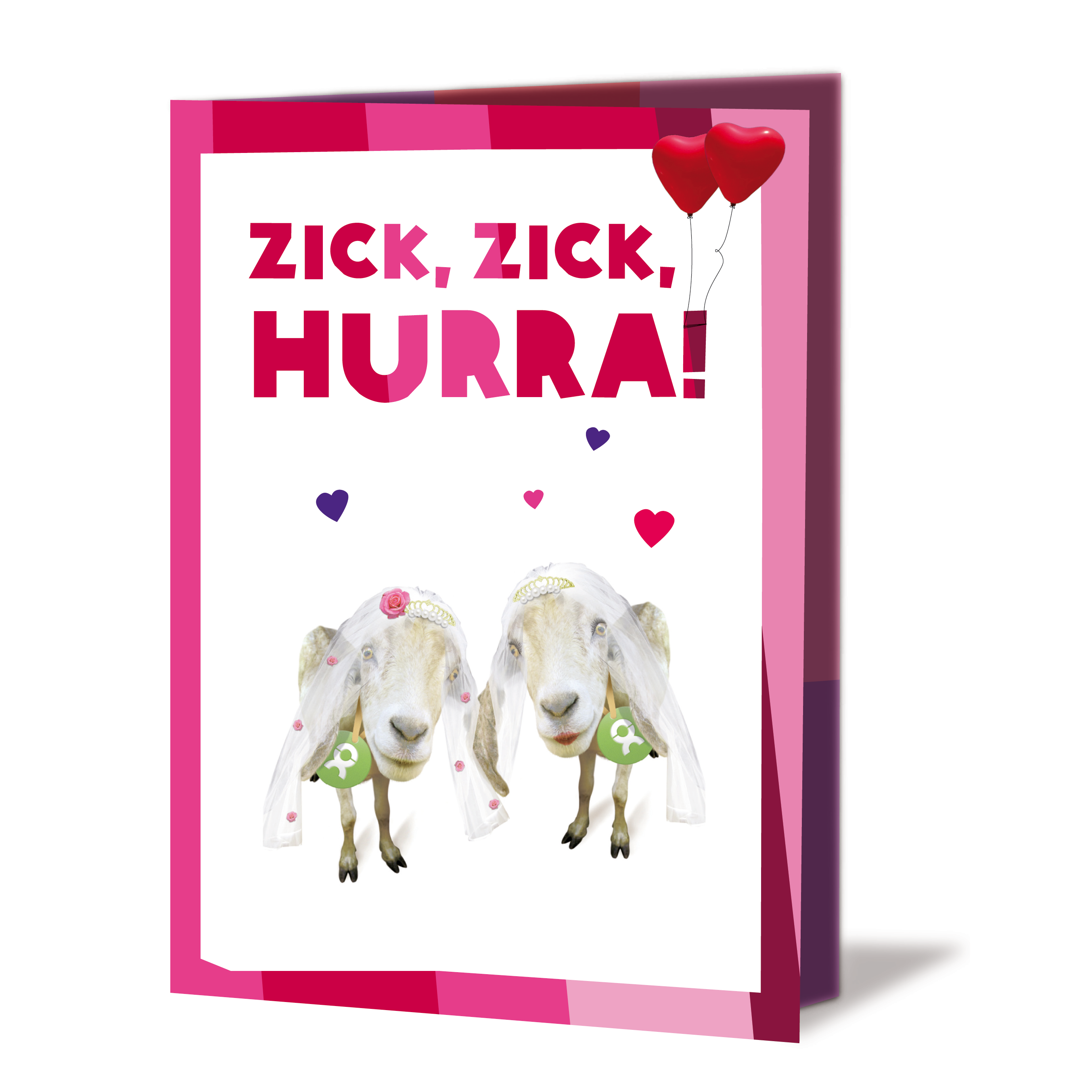 Geschenkkarte mit Aufschrift: Zick, zick, Hurra! Darunter ein Ziegenpaar mit Schleier, umgeben von Herzen und zwei rote herzförmigen Ballons