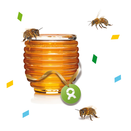 Beispiel Geschenk Spende: Grafik von Honigbienen, die um ihren Honig herum fliegen, umrahmt von buntem Konfetti