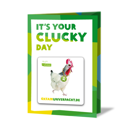 Geschenkkarte mit der Aufschrift: Its your clucky day. My gift: a chicken