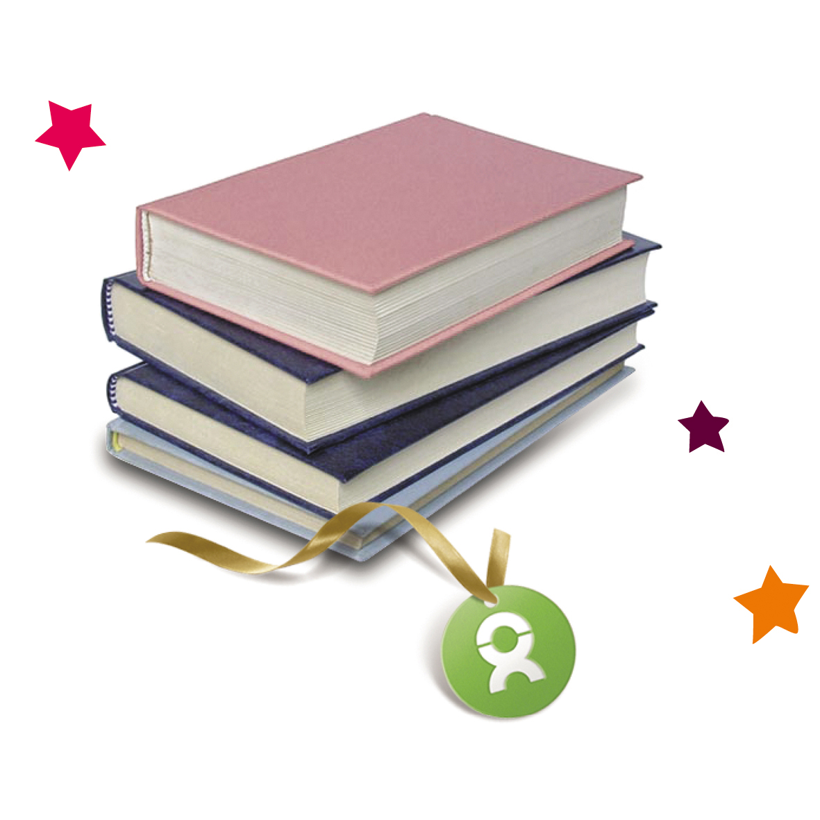 Beispiel Geschenk Spende Schulbücher: Grafik von einem Stapel Schulbücher umgeben von bunten Sternen 