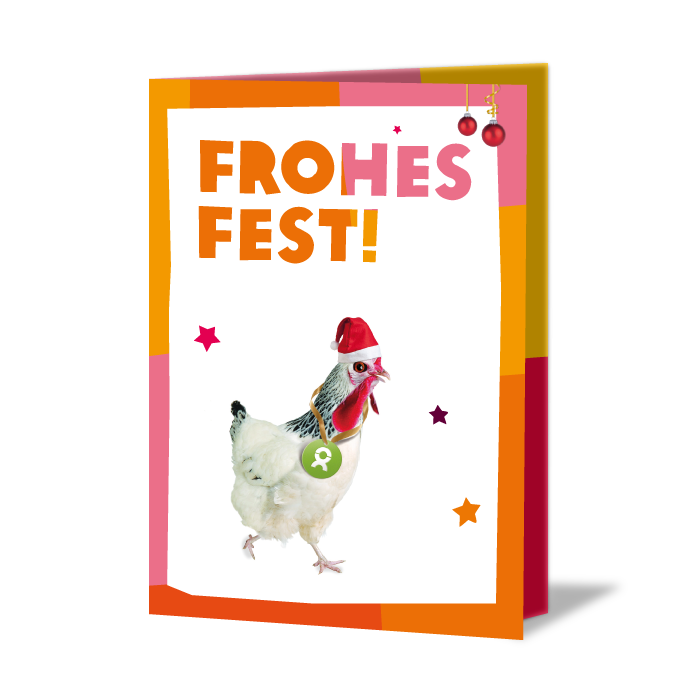 Festlich verzierte Weihnachtskarte mit Aufdruck: Merry Christmas und Huhn mit Weihnachtsmütze