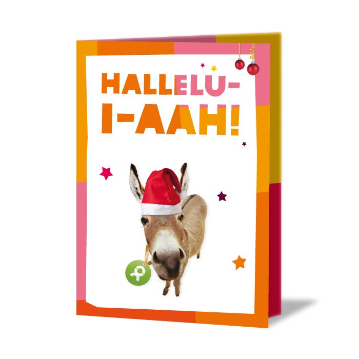 Weihnachtskarte mit Esel, der Weihnachtsmütze trägt und von bunten Sternen umrahmt wird. Aufschrift: Hallelu-i-ahh!