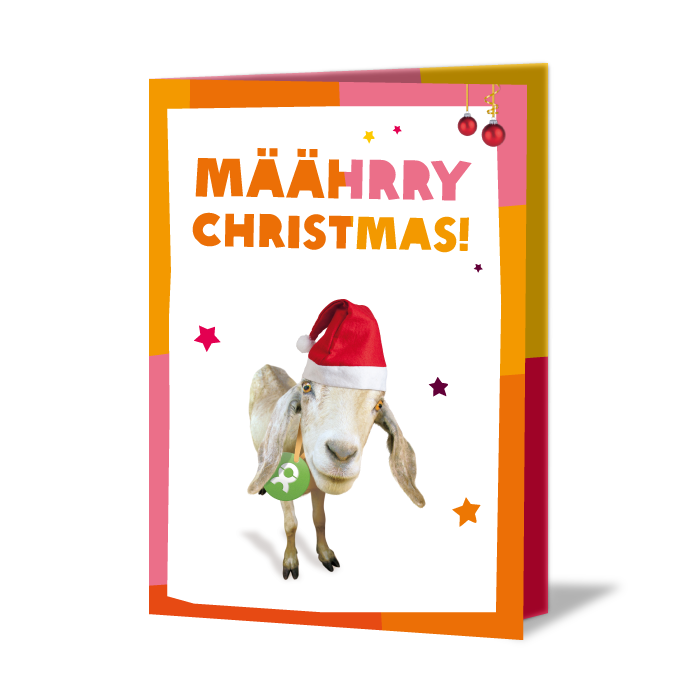 Festlich verzierte Weihnachtskarte mit Aufschrift: MÄÄHRRY Christmas! Darunter Ziege mit roter Weihnachtsmütze 