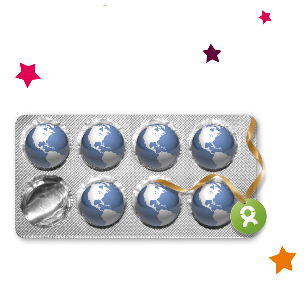 Beispiel Geschenk Spende zu Weihnachten: Grafik von einem Medikamentenblister mit Tabletten in Weltkugelform, umgeben von bunten Sternen