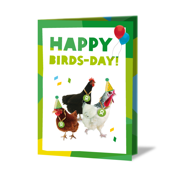 Geschenkkarte mit Aufdruck: Happy Birds-Day! Darunter Grafik von drei Hühnern mit Partyhüten und Konfetti