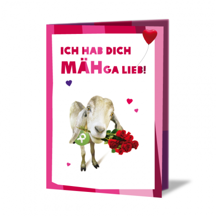 Geschenkkarte mit Aufschrift: Ich hab dich MÄHga lieb! Darunter Ziege mit Rosenstrauß im Maul, umgeben von Herzen