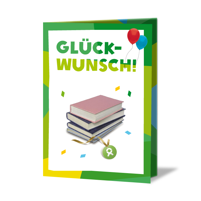 Geschenkkarte mit Aufschrift: Glückwunsch! Darunter ein Stapel Schulbücher, umgeben von Konfetti