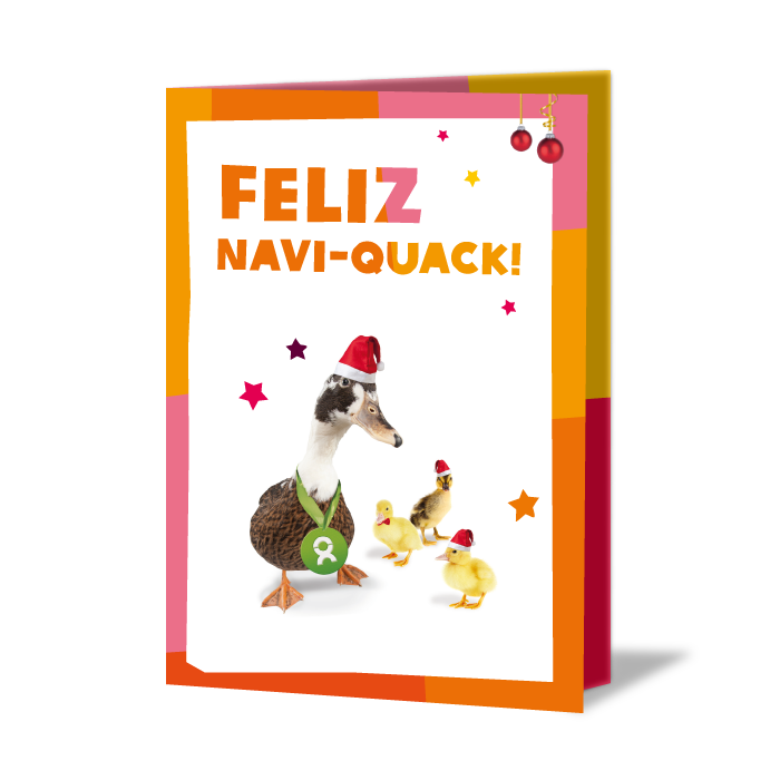 Geschenkkarte mit einer Ente als Motiv und der Aufschrift: Feliz Navi-Quack.