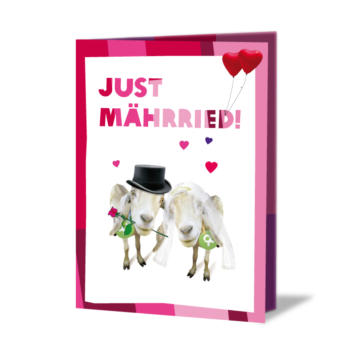 Geschenkkarte mit Aufschrift: Just MÄHRRIED! Darunter ein Ziegenpaar, mit Rose im Maul, Zylinder und Schleier auf, umgeben von Herzen und zwei roten Herzballons
