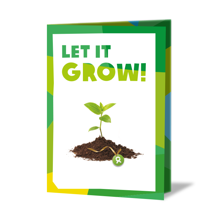 Geschenkkarte mit Aufschrift: Let it grow! Mein Geschenk: Saatgut, darunter Grafik von einem Setzling in Erde