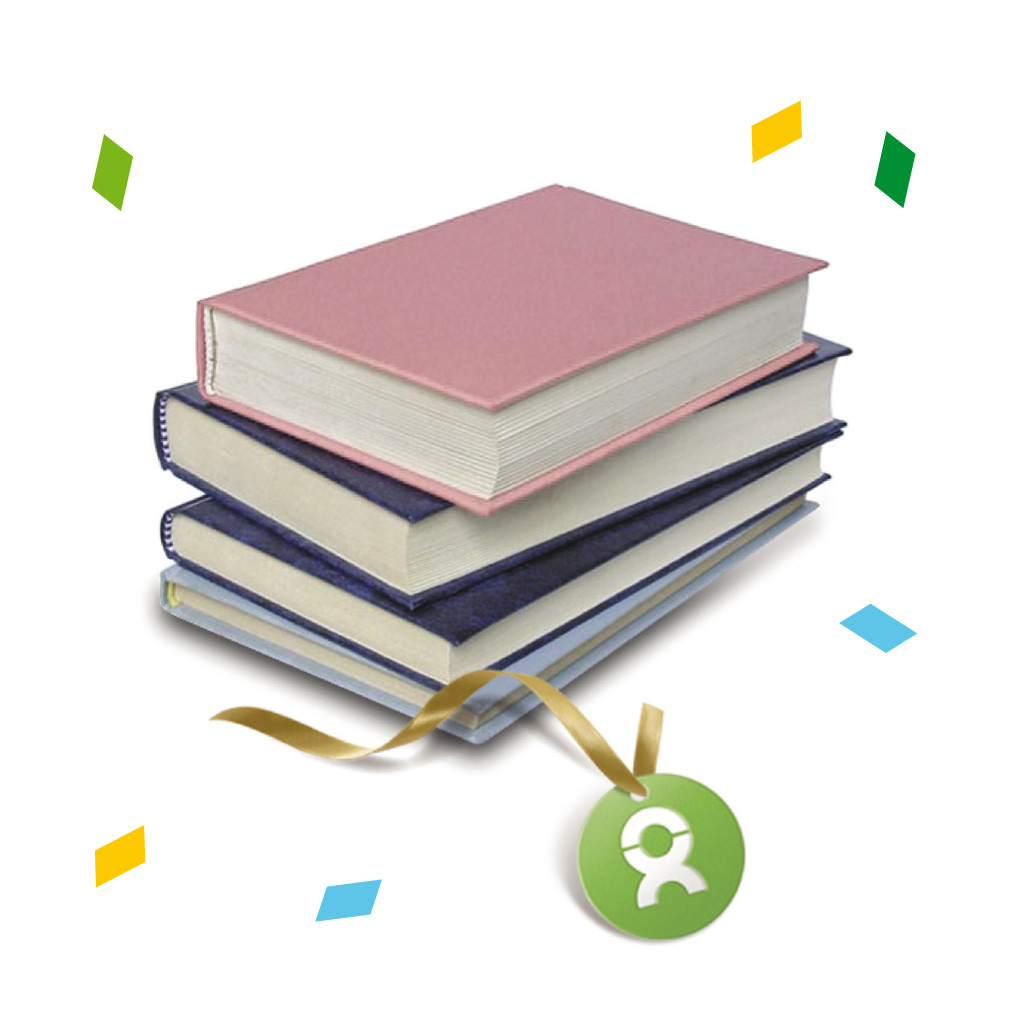 Beispiel Geschenk Spende Schulbücher: Grafik von einem Stapel Schulbücher mit Konfetti