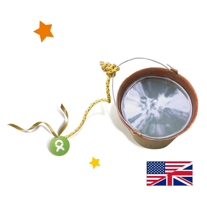 Beispiel Geschenk Spende Brunnen zu Weihnachten (englische Variante): Grafik von einem Eimer mit Wasser gefüllt, umgeben von bunten Sternen und Fahne von Großbritannien