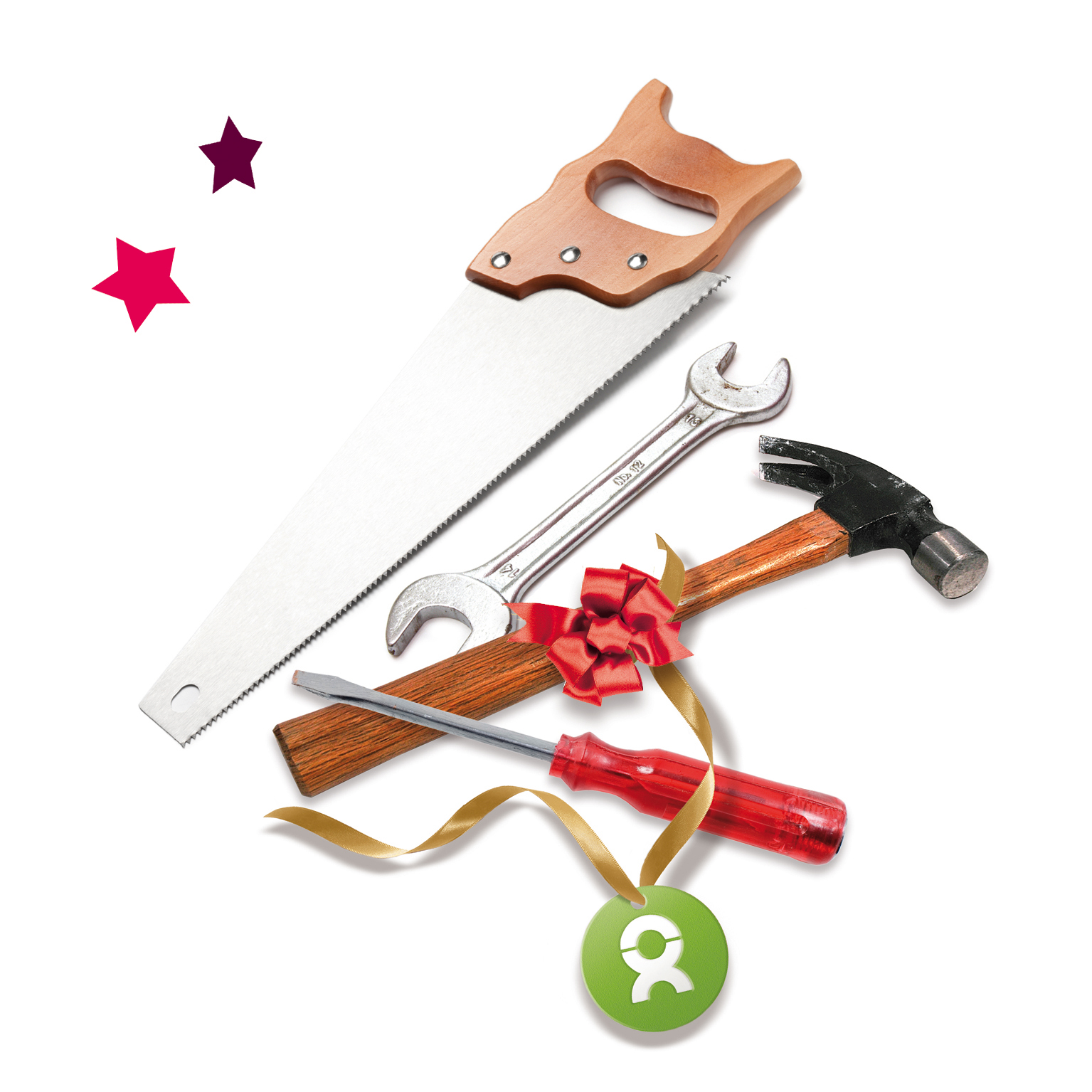 Beispiel Geschenk Spende Werkzeug zu Weihnachten: Grafik von Werkzeugset mit Säge, Schraubschlüssel, Hammer und Schraubenzieher, verziert mit Geschenkband