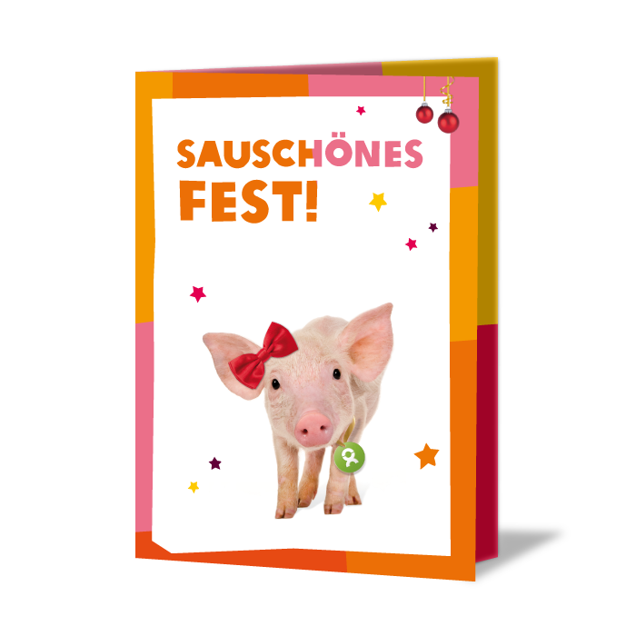 Geschenkkarte mit Grafik von einem jungen Schwein mit der Aufschrift: Sauschönes Fest!