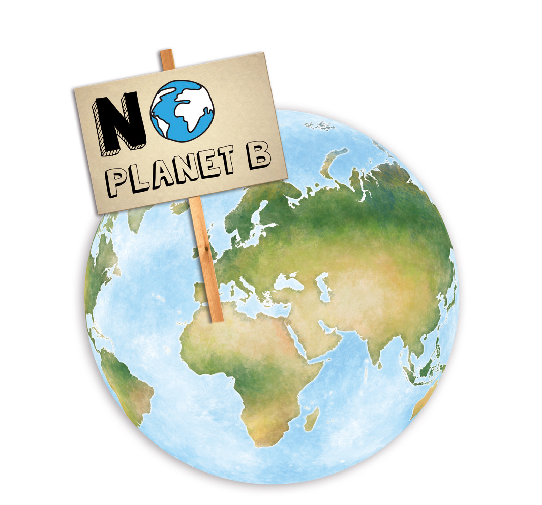 Beispiel Geschenk Spende Klimaretter-Kit: Grafik von einer Weltkugel und Schild no Planet B
