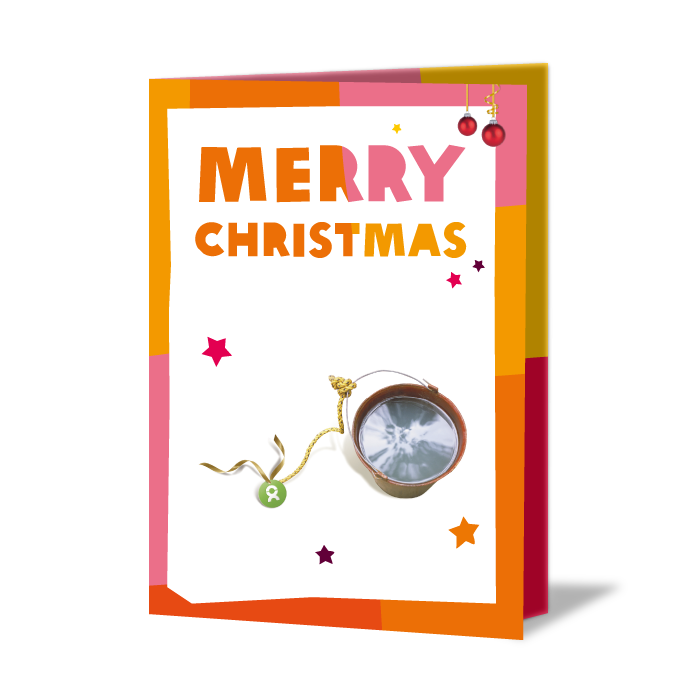 Festlich verzierte Weihnachtskarte mit Aufschrift: Merry Christmas, darunter Eimer gefüllt mit Wasser 