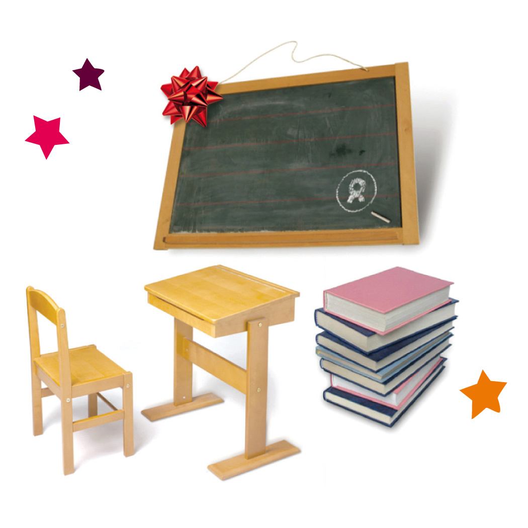 Beispiel Geschenk Spende zu Weihnachten Klassenzimmer: Grafik mit Tisch, Stuhl, geschmückter Tafel und Schulbüchern, umgeben von bunten Sternen