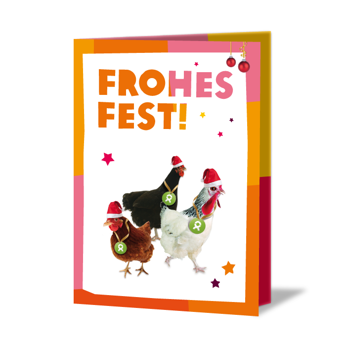 Festlich verzierte Weihnachtskarte mit Aufdruck: Merry Christmas und drei Hühnern mit Weihnachtsmütze