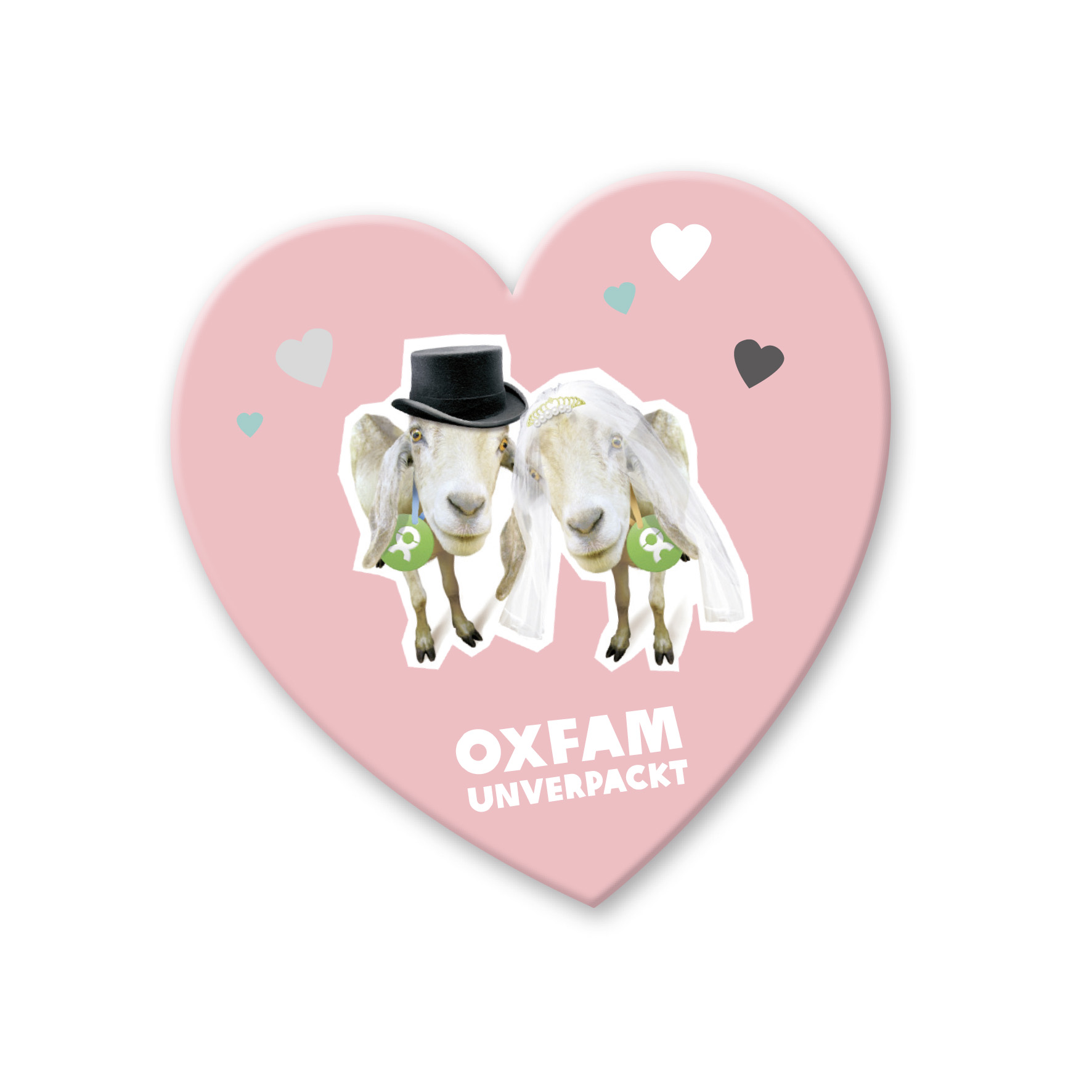 Geschenk Spende Hochzeit: Magnet Rosa Herz bedruckt mit einer Grafik von einem Ziegenpärchen mit Zylinder und Schleier und bunten Herzen. Darunter Aufschrift: Oxfam Unverpackt.