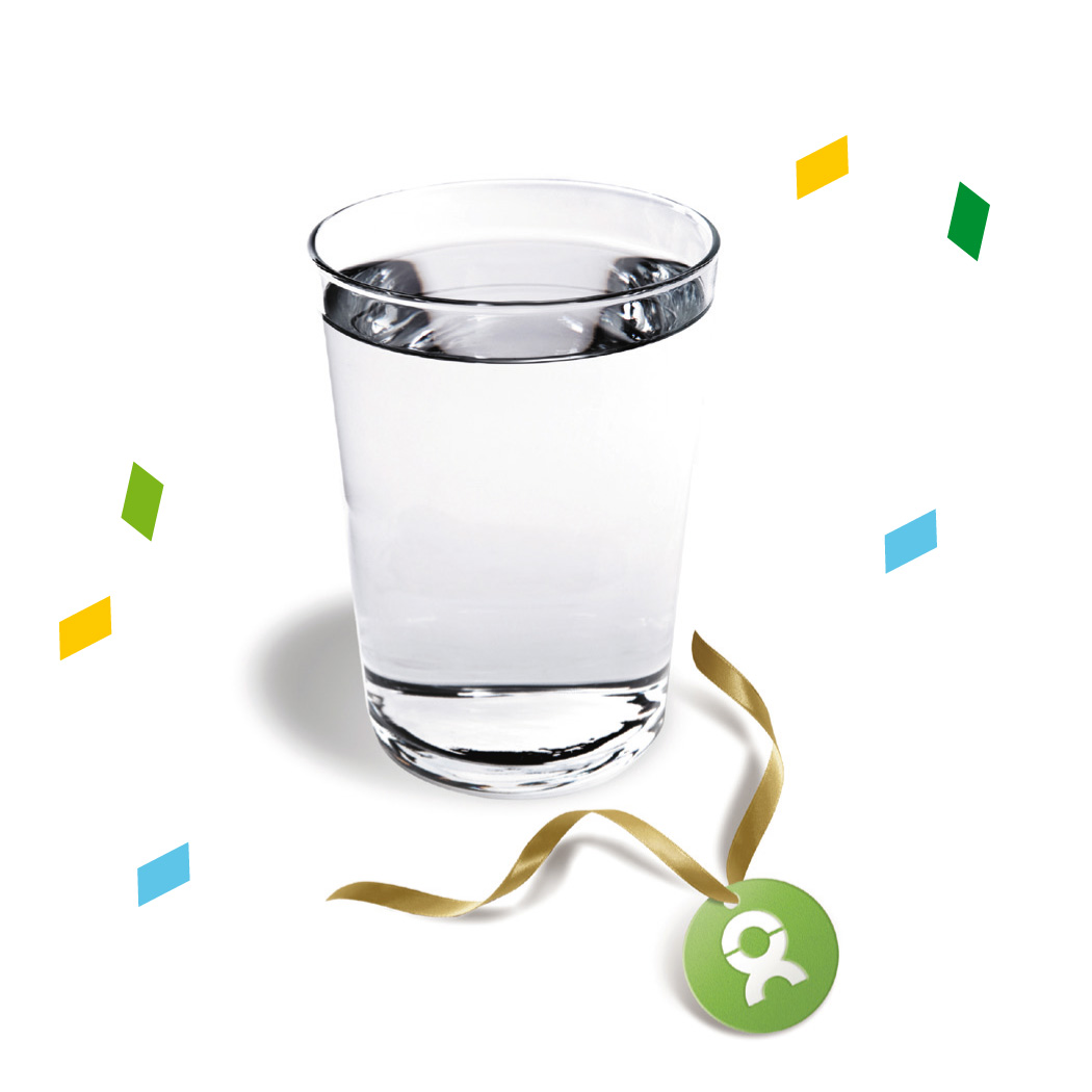Beispiel Geschenk Spende Trinkwasser: Grafik von Glas mit Trinkwasser, umgeben von Konfetti