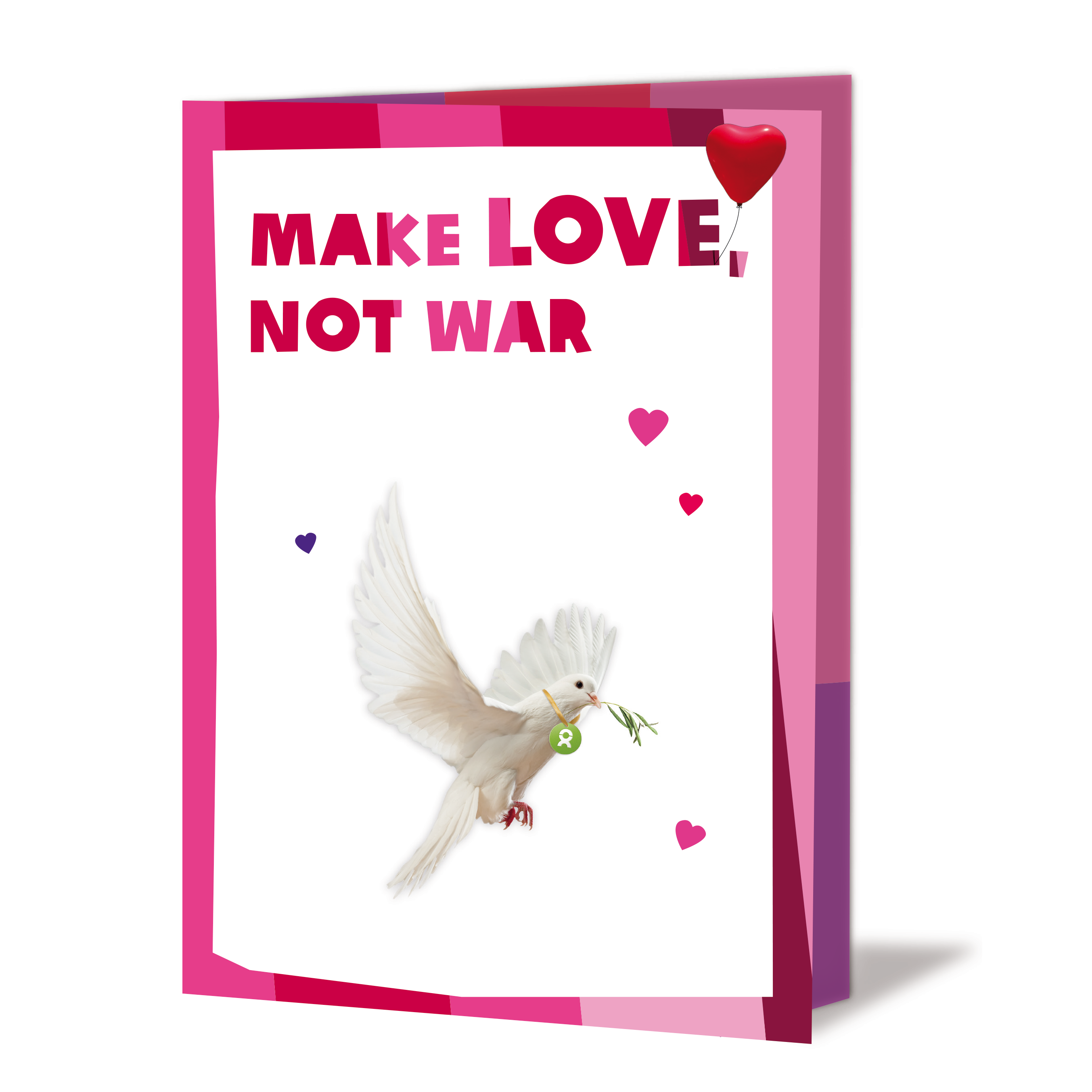 Geschenkkarte mit Grafik einer weißen Taube, die einen Olivenzwei im Schabel trägt. Die Aufschrift der Karte ist: Make love, not war