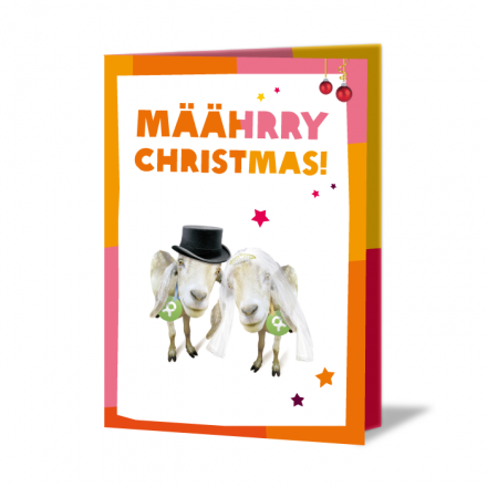 Festlich verzierte Weihnachtskarte mit Aufschrift: MÄÄHRRY Christmas! Darunter Ziegenpaar mit Schleier und Zylinder