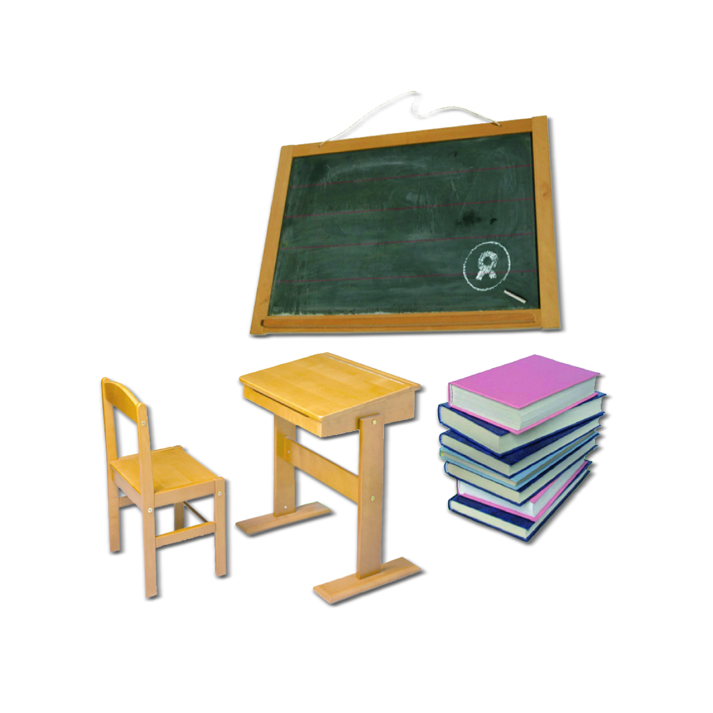 Beispiel Geschenk Spende Klassenzimmer: Grafik mit Tisch, Stuhl, Tafel und Schulbüchern