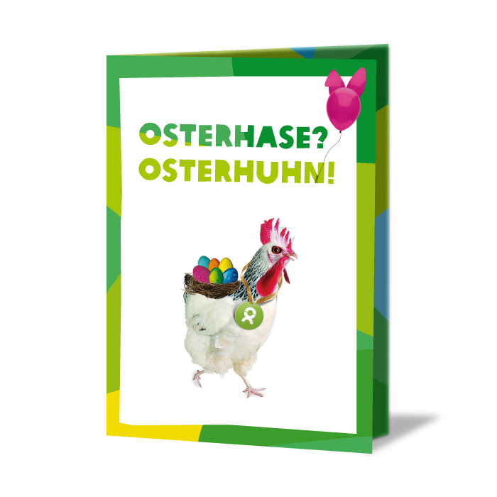 Geschenkkarte mit Aufdruck: Osterhase? Osterhuhn! Darunter ein Huhn mit Korb voller Ostereier auf dem Rücken